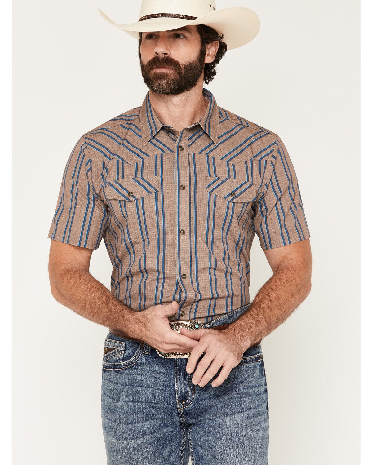 Image #1 - RANK 45&reg; Men's Horse Town Striped Short Sleeve Snap Stretch Western Shirt, Brown, hi-res