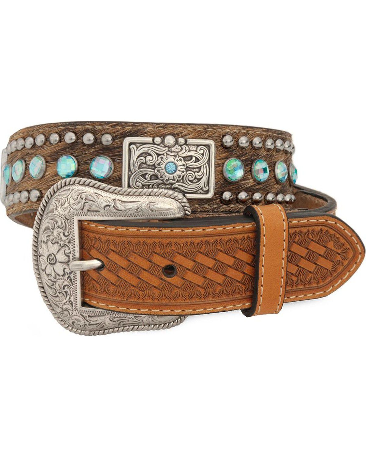 Image #1 - Nocona Kids' Hair-On-Hide Rhinestone & Concho Belt, Tan, hi-res