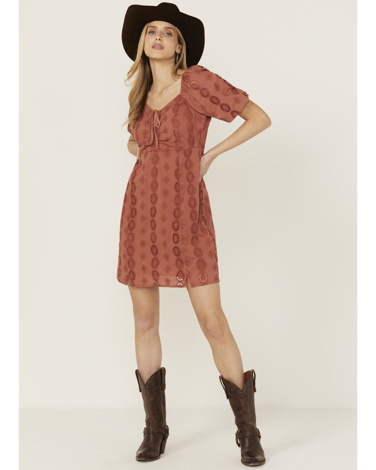 Shyanne Women's Eyelet Tie Front Mini Dress, Mauve, hi-res