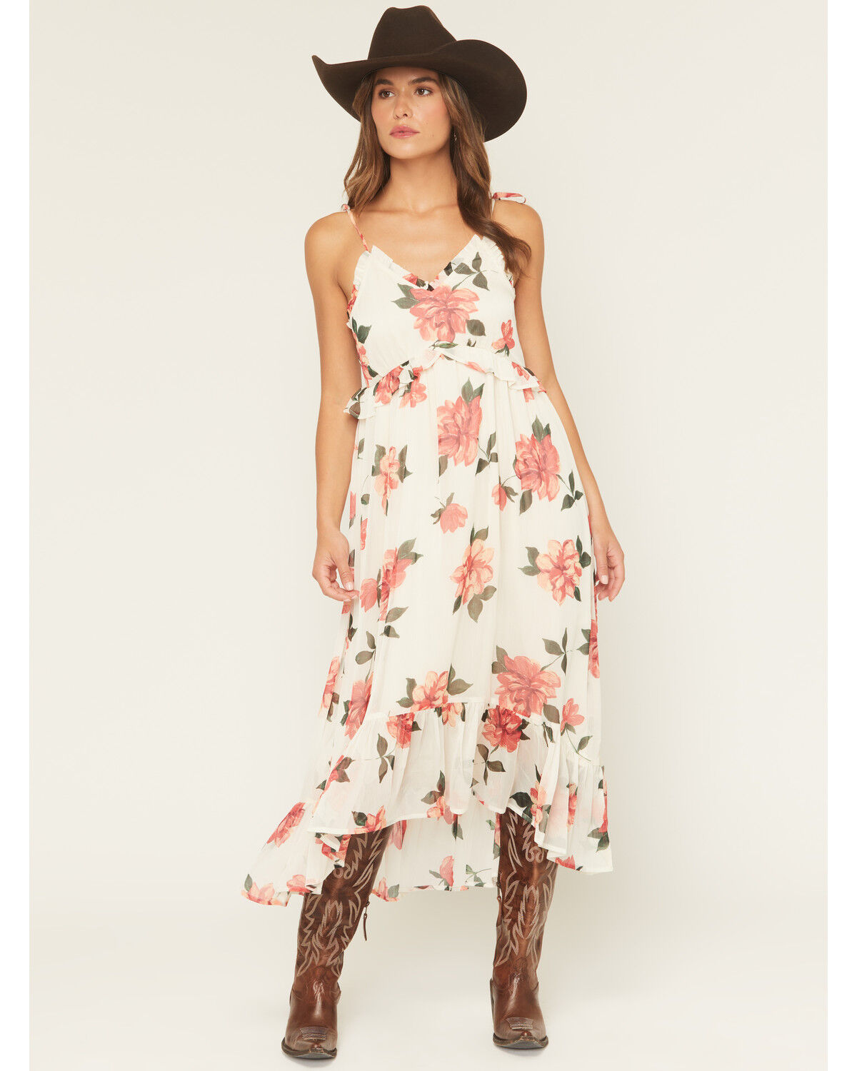 Image #1 - Patrons of Peace Women's Floral Print Sleeveless High-Low Dress, Cream, hi-res