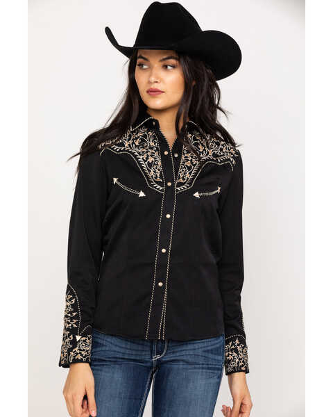 Image #1 - Scully Women's Scroll Embroidered Long Sleeve Pearl Snap Western Shirt, Black/tan, hi-res