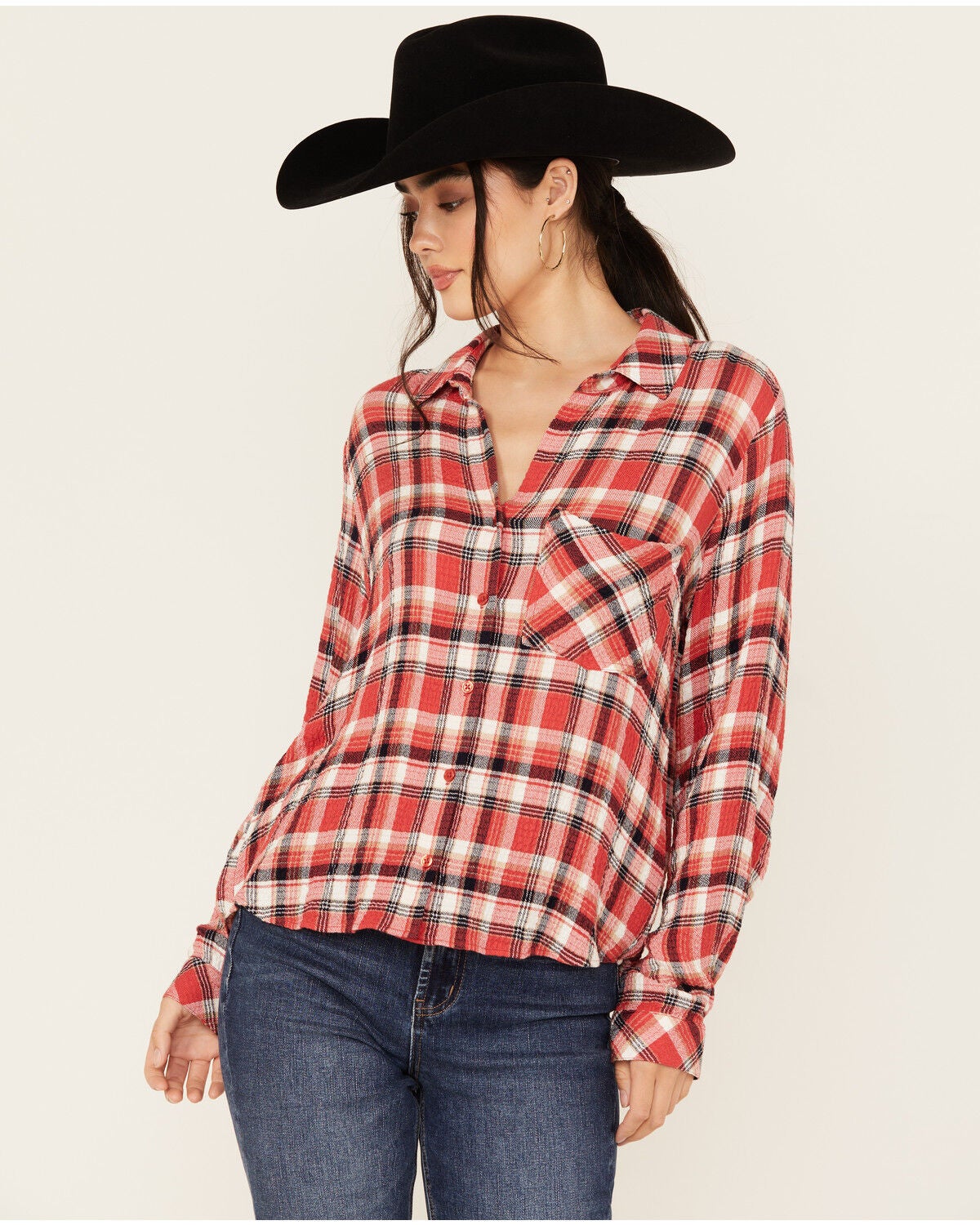 Beyond The Radar Women's Plaid Print Long Sleeve Button-Down Western Shirt, Red, hi-res