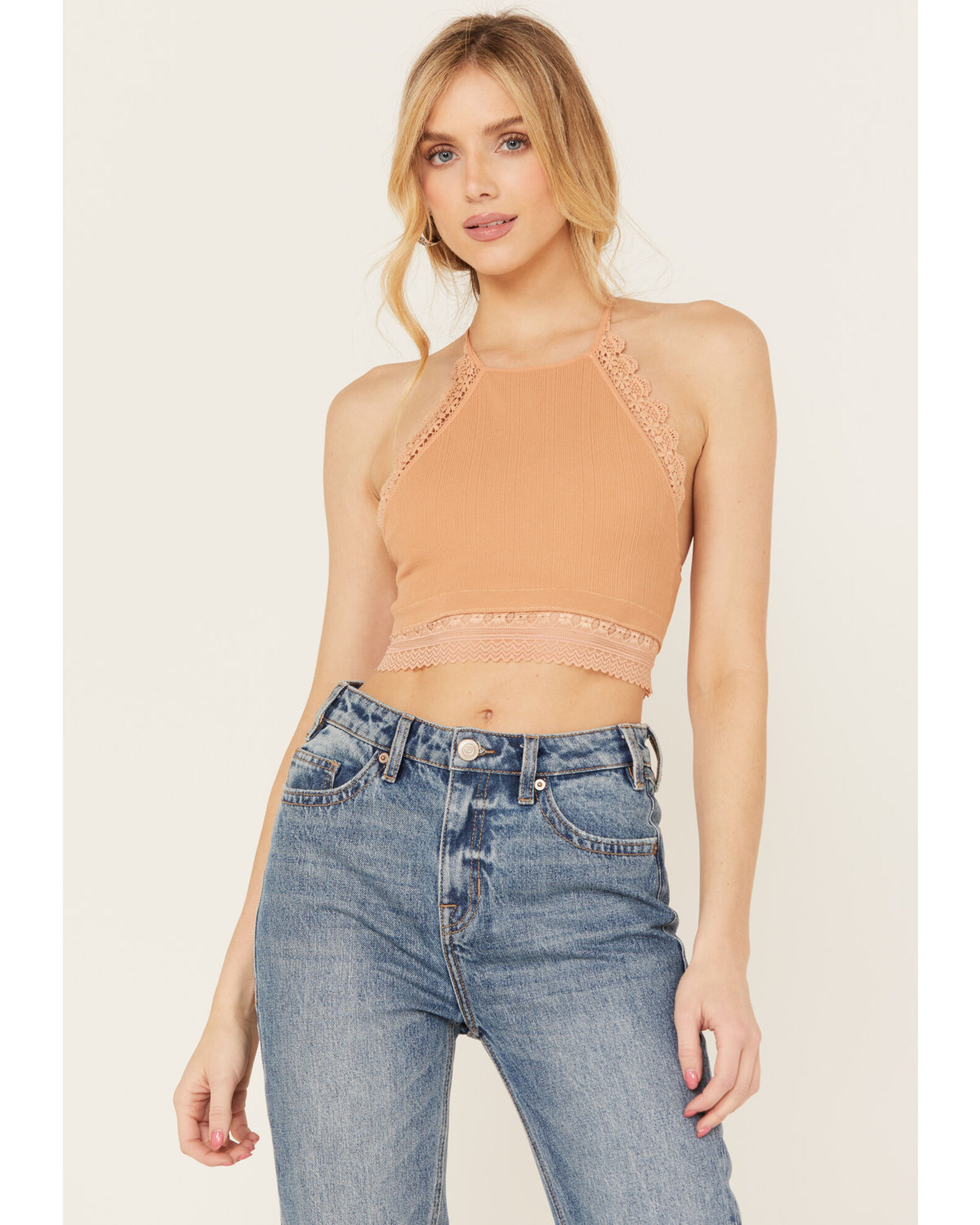 Image #2 - Fornia Women's Halter Lace Trim Bralette, Pink, hi-res