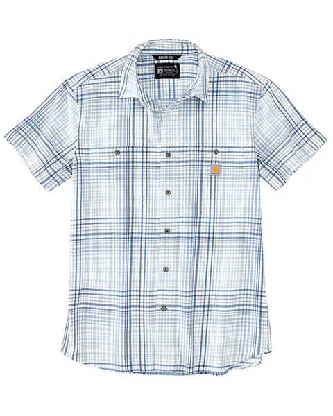 Carhartt Men's Rugged Flex Relaxed Fit Lightweight Plaid Print Short Sleeve Button-Down Stretch Work Shirt , Light Blue, hi-res