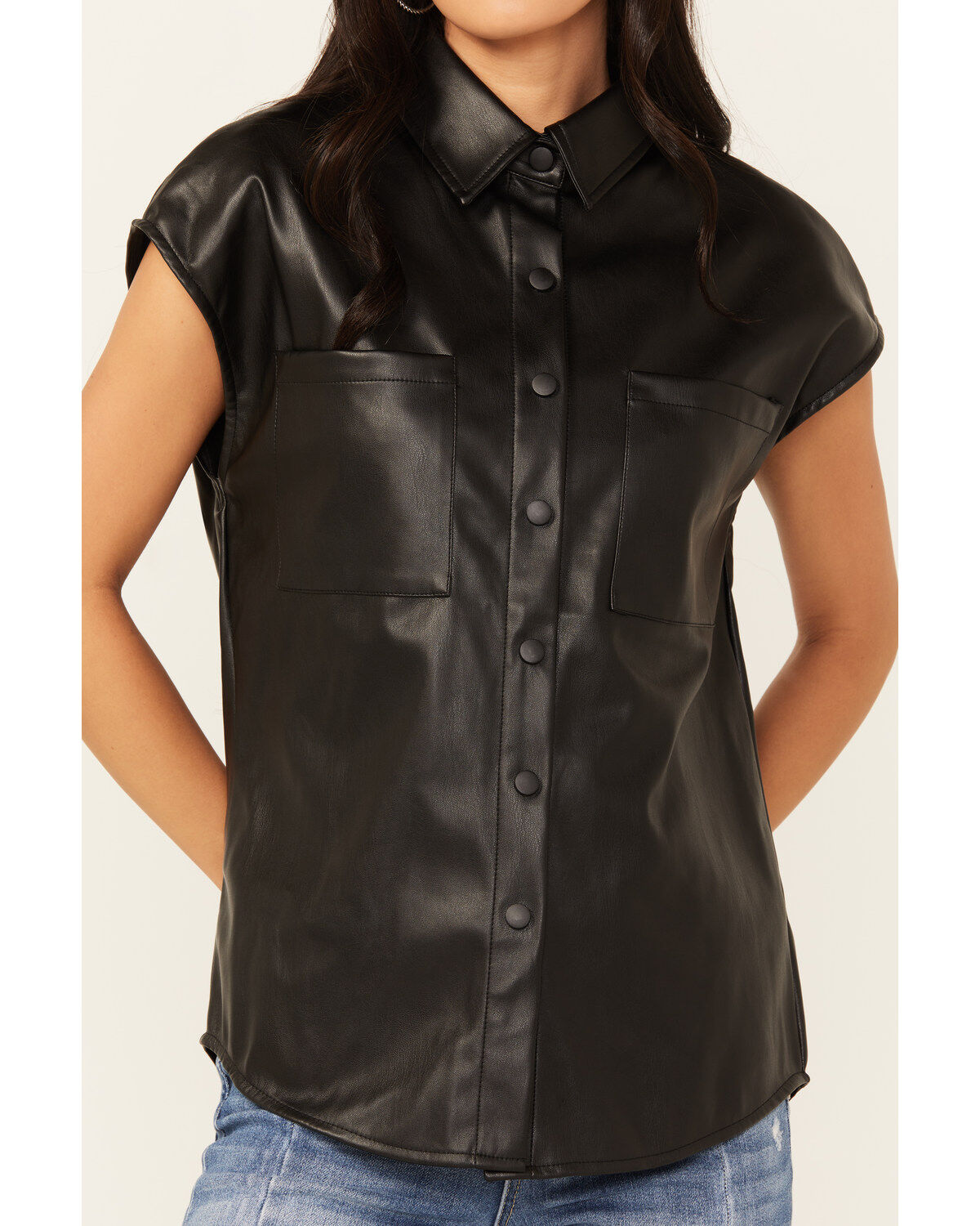 Image #3 - Revel Women's Faux Leather Button-Down Cap Sleeve Top, Black, hi-res