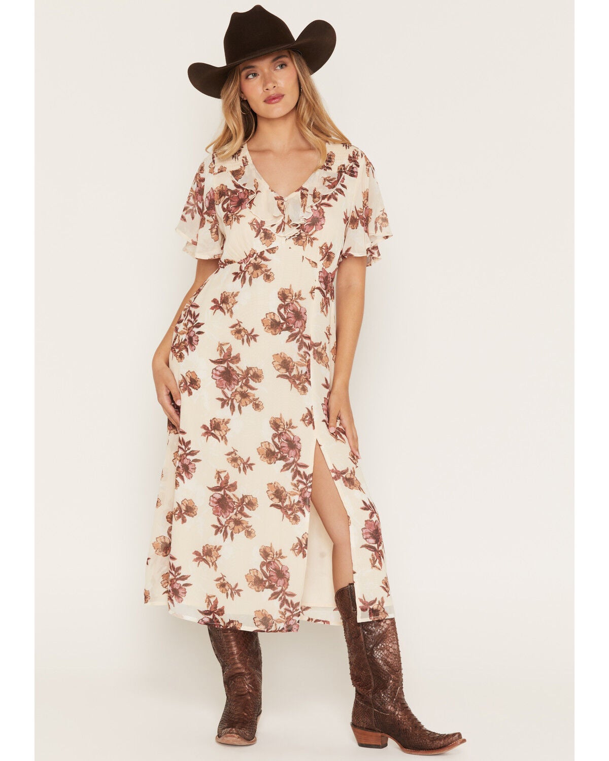 Shyanne Women's Renee Floral Print Short Sleeve Midi Dress, Natural, hi-res