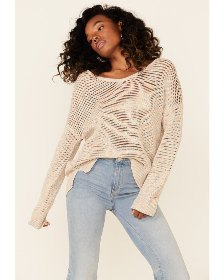 Wishlist Women's Taupe Marled V-Neck Pointelle Sweater  , Taupe, hi-res