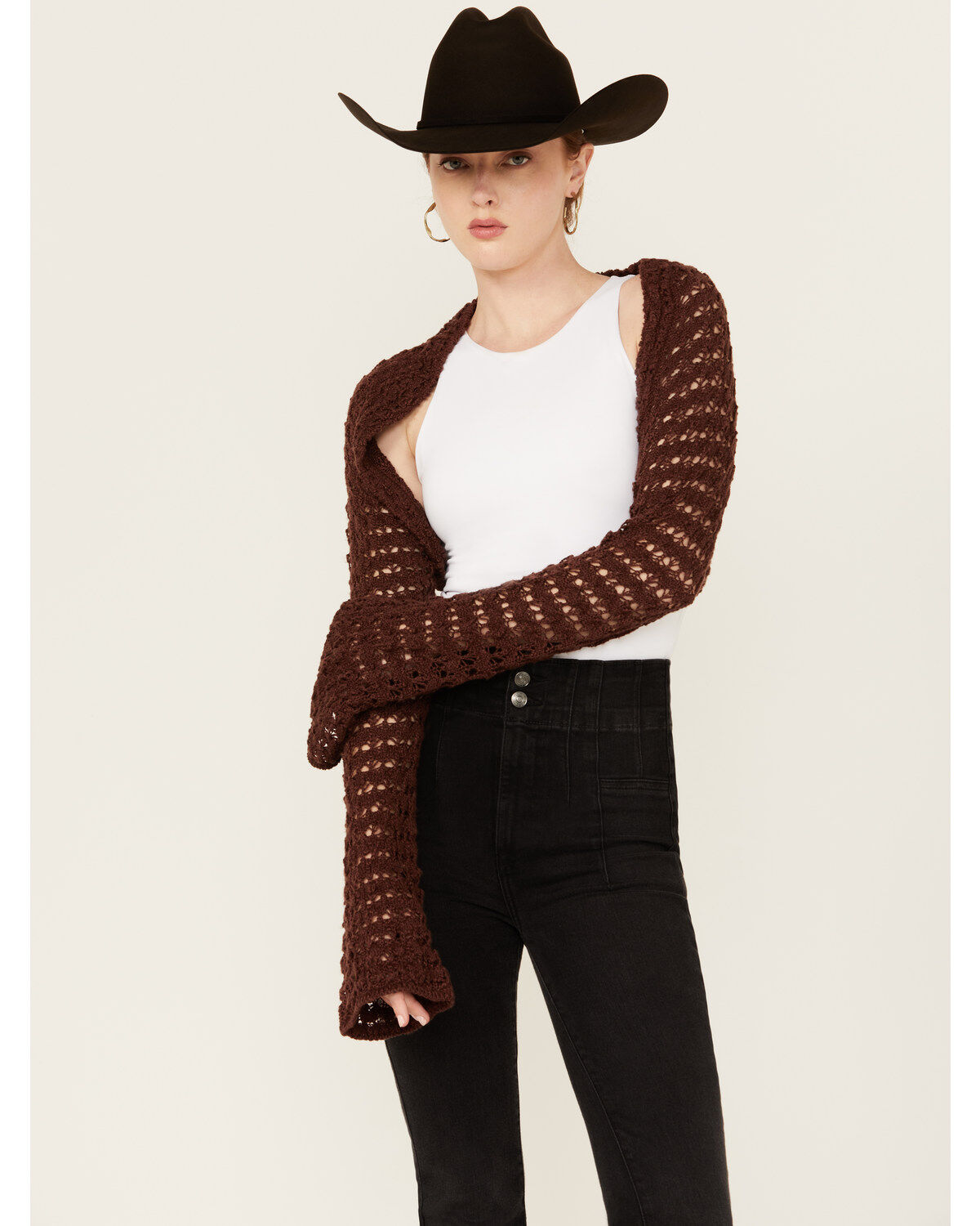 Image #2 - Beyond The Radar Women's Crochet Shrug, Brown, hi-res