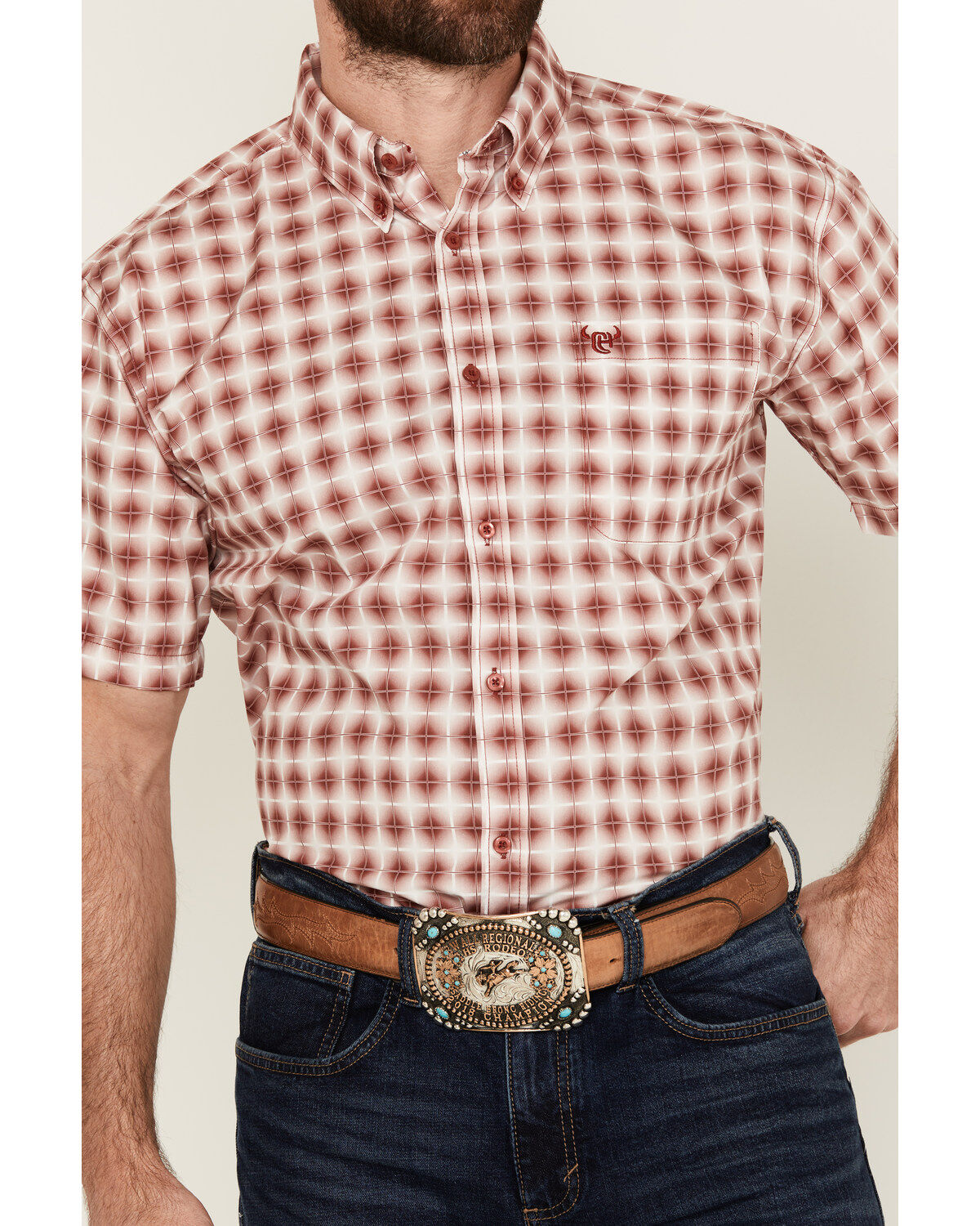 Image #3 - Cowboy Hardware Men's Boot Barn Exclusive Cube Plaid Print Short Sleeve Button-Down Western Shirt, Burgundy, hi-res