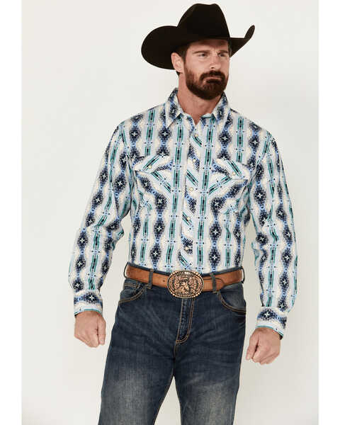 Panhandle Men's Southwestern Print Long Sleeve Pearl Snap Western Shirt , Cream, hi-res
