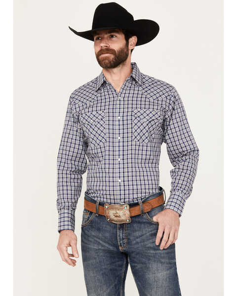 Ely Walker Men's Plaid Print Long Sleeve Pearl Snap Western Shirt - Tall, Navy, hi-res