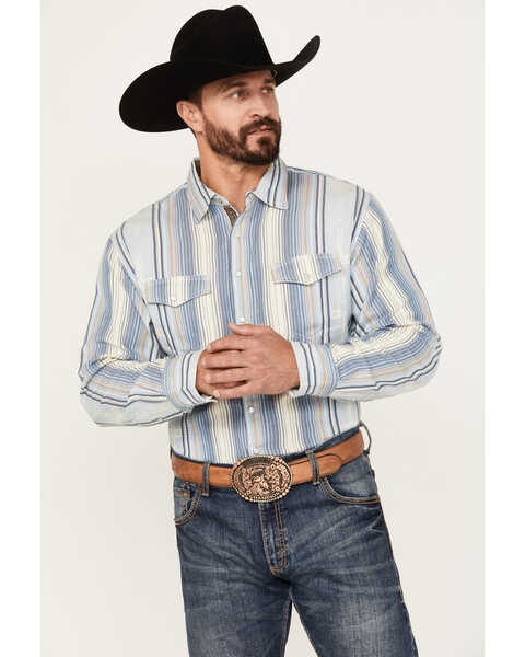 Scully Men's Southwestern Serape Striped Long Sleeve Pearl Snap Western Shirt, Light Blue, hi-res