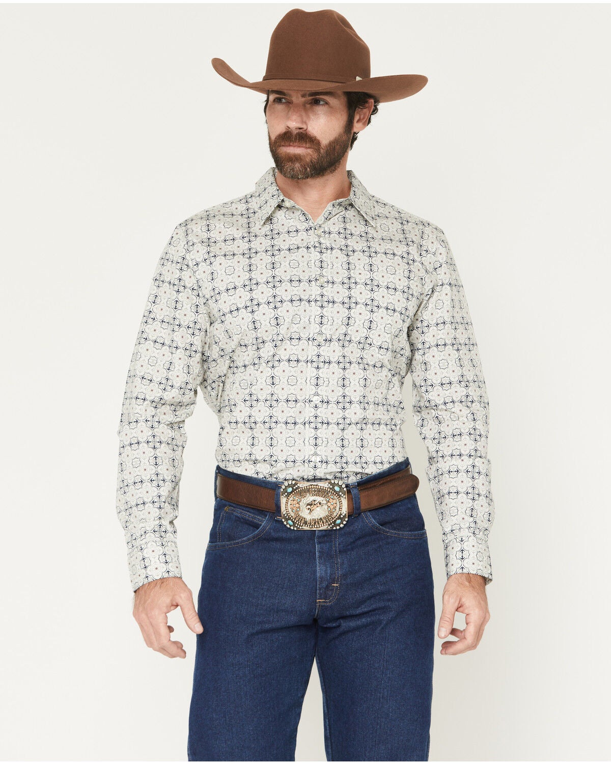 Gibson Trading Co Men's Initiate Medallion Print Long Sleeve Button-Down Western Shirt - Big, White, hi-res