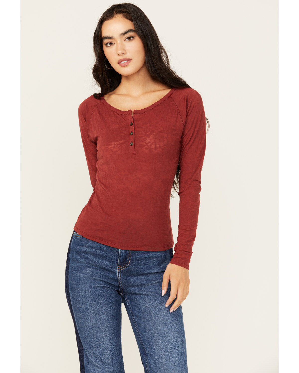 Image #1 - Shyanne Women's Long Sleeve Southwest Burnout Print Henley Shirt, Dark Red, hi-res
