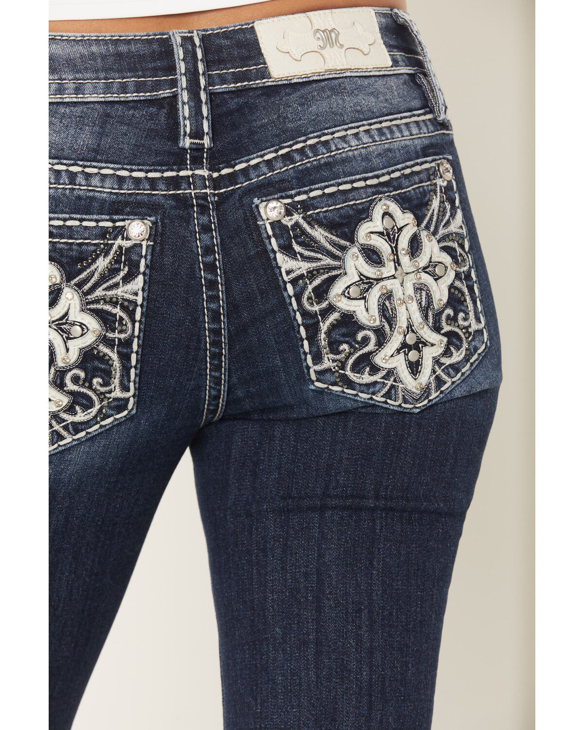 Product Name:  Miss Me Women's Dark Wash Mid Rise Faux Flap Pocket 34" Bootcut Stretch Denim Jeans