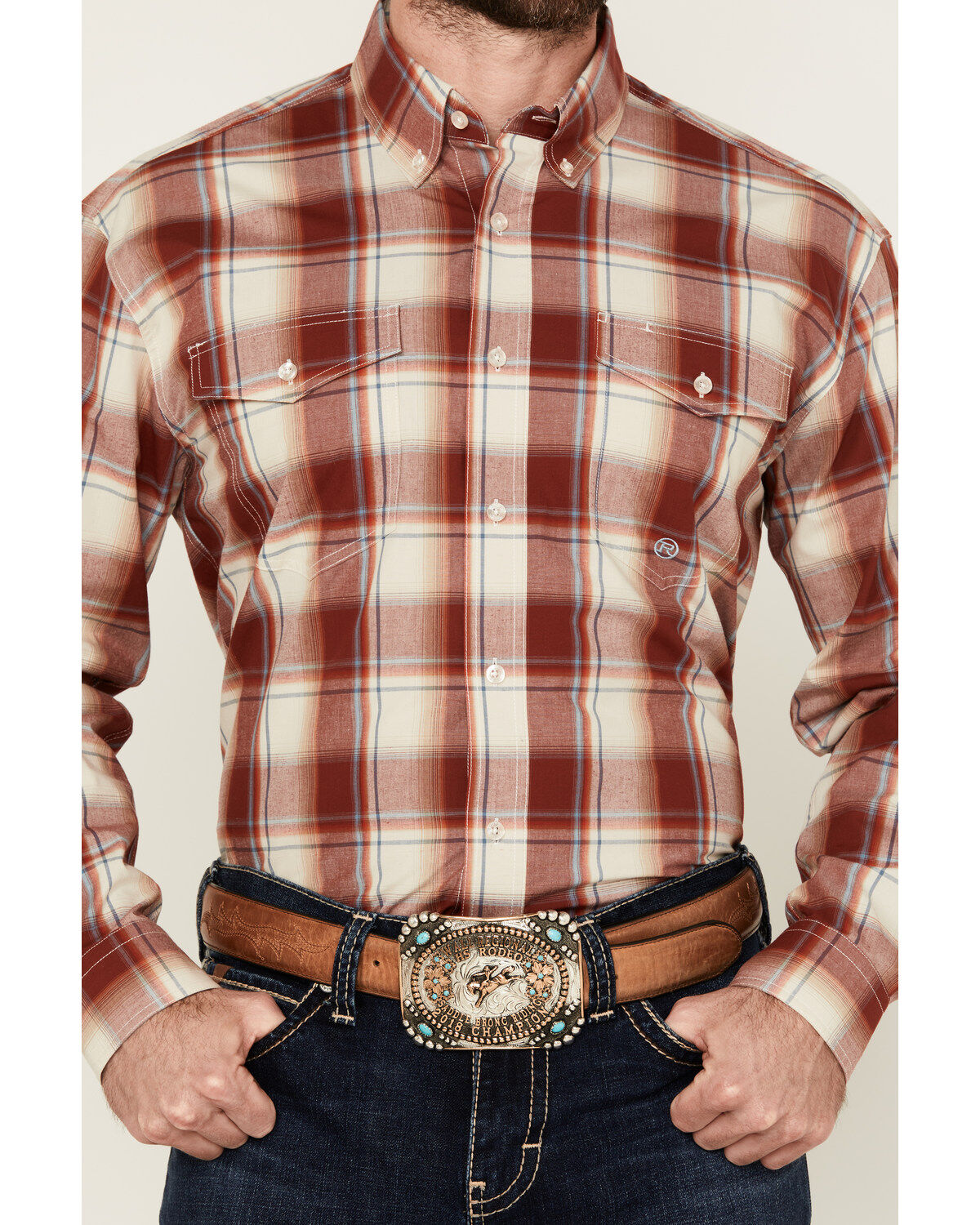 Image #3 - Roper Men's Amarillo Plaid Print Long Sleeve Button-Down Western Shirt, Red, hi-res
