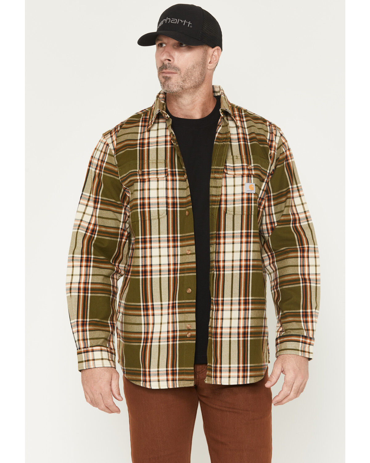 Image #1 - Carhartt Men's Heavyweight Plaid Print Long Sleeve Button-Down Flannel Shirt, Green/brown, hi-res