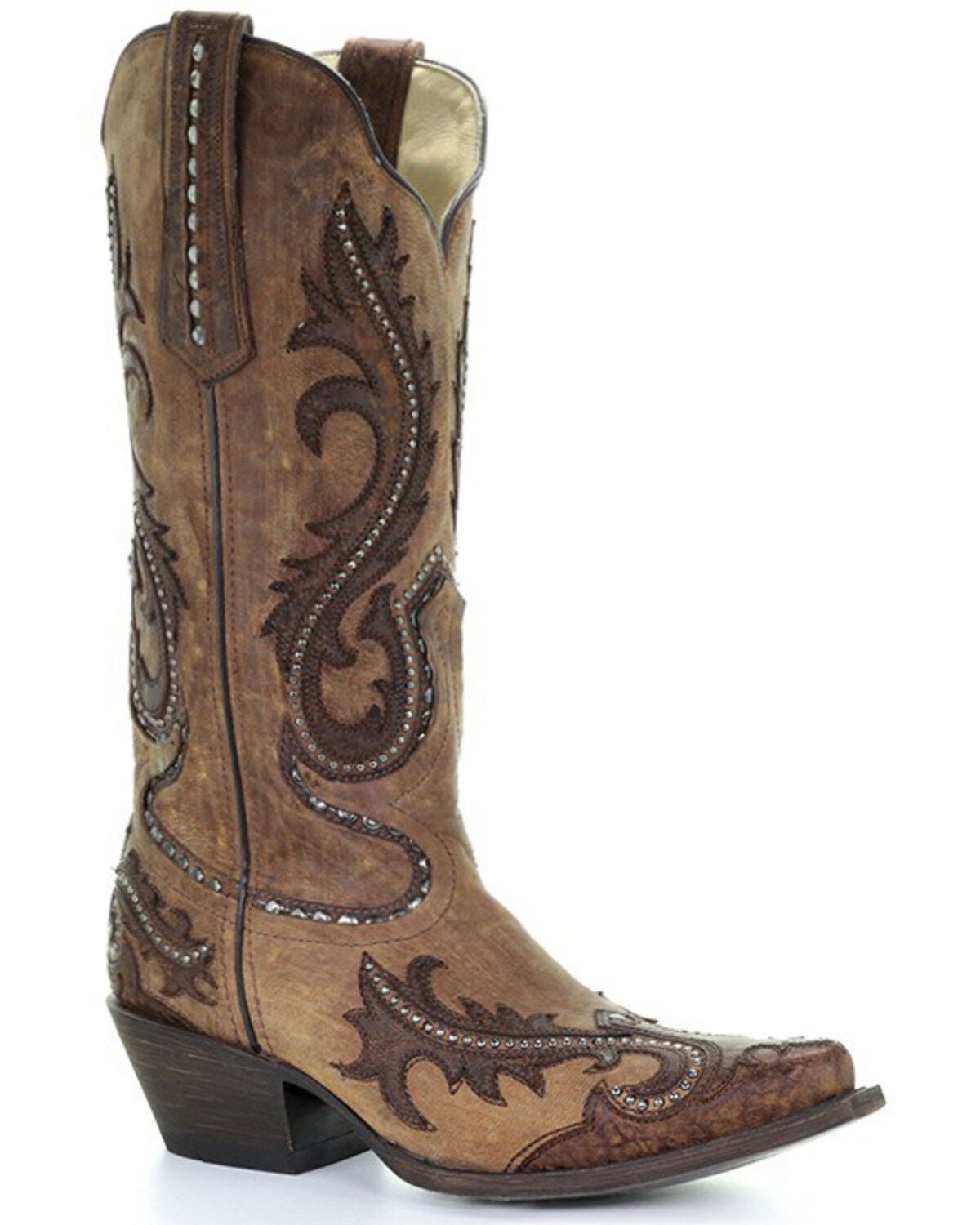 Image #1 - Corral Women's Brown Overlay and Studs Cowgirl Boots - Snip Toe, , hi-res