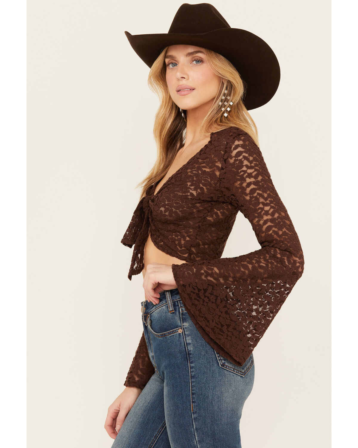 Image #2 - Shyanne Women's Lace Tie Front Bell Sleeve Top, Dark Brown, hi-res