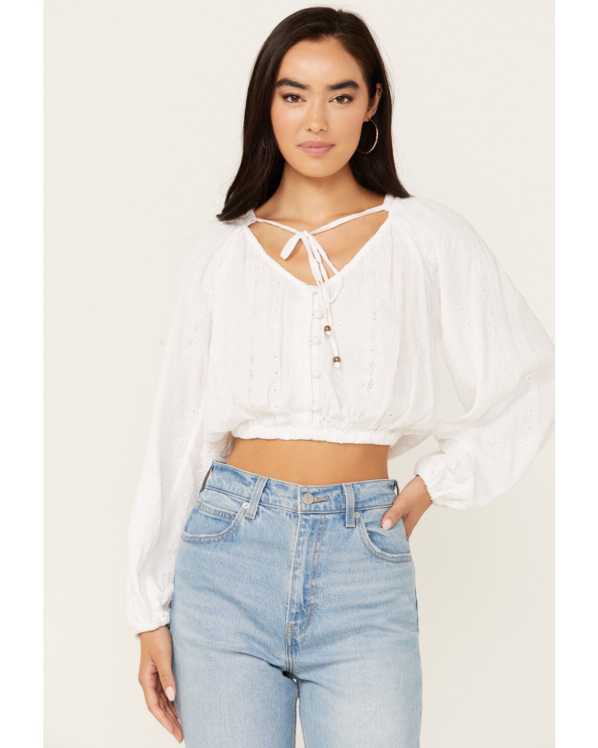 Angie Women's Tie Front Peasant Top, Ivory, hi-res