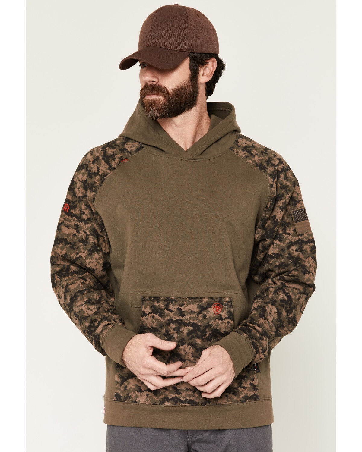 Ariat Men's FR Durastretch Patriot Hooded Sweatshirt, Brown, hi-res