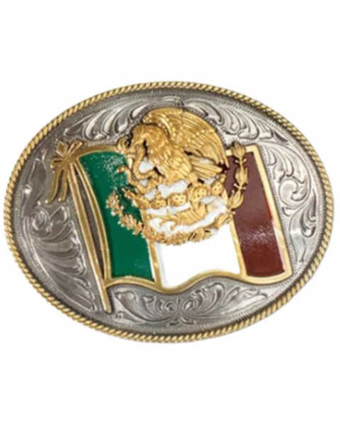 Ariat Men's Mexican Flag Oval Belt Buckle, Silver, hi-res
