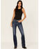 Image #3 - Miss Me Women's Dark Wash Mid Rise Feather Pocket 32" Bootcut Stretch Denim Jeans, Dark Wash, hi-res