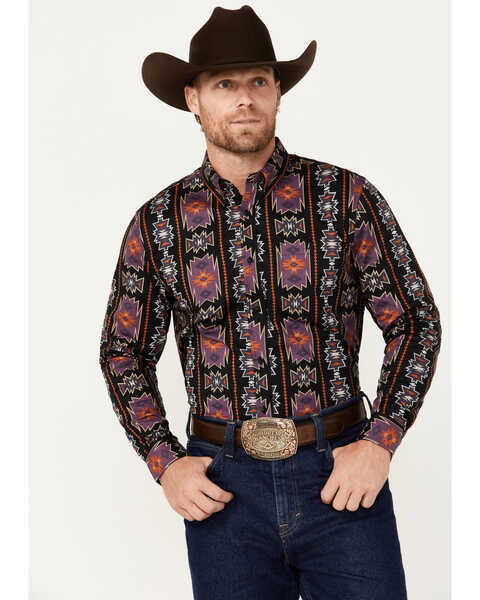 RANK 45® Men's Great Fall Southwestern Print Long Sleeve Button-Down Western Shirt - Tall, Black, hi-res