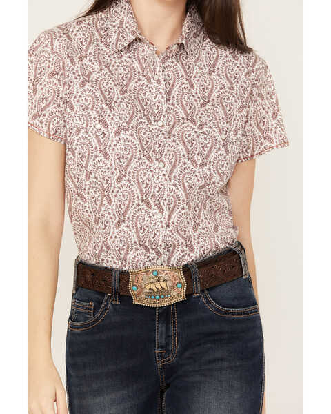 Rough Stock by Panhandle Women's Paisley Print Stretch Short Sleeve Western Snap Shirt, Rust Copper, hi-res