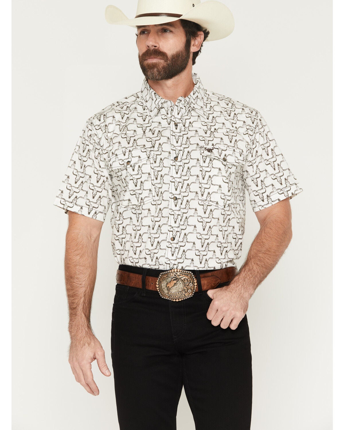 Cowboy Hardware Men's Hombre Skull Print Short Sleeve Snap Stretch Western Shirt, White, hi-res
