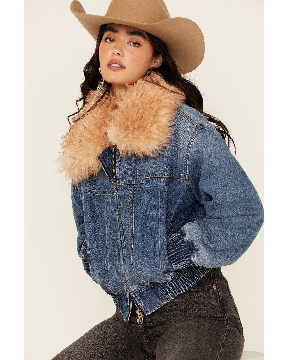 Image #3 - BLANKNYC Women's Fur Collar Denim Bomber Jacket, Medium Wash, hi-res