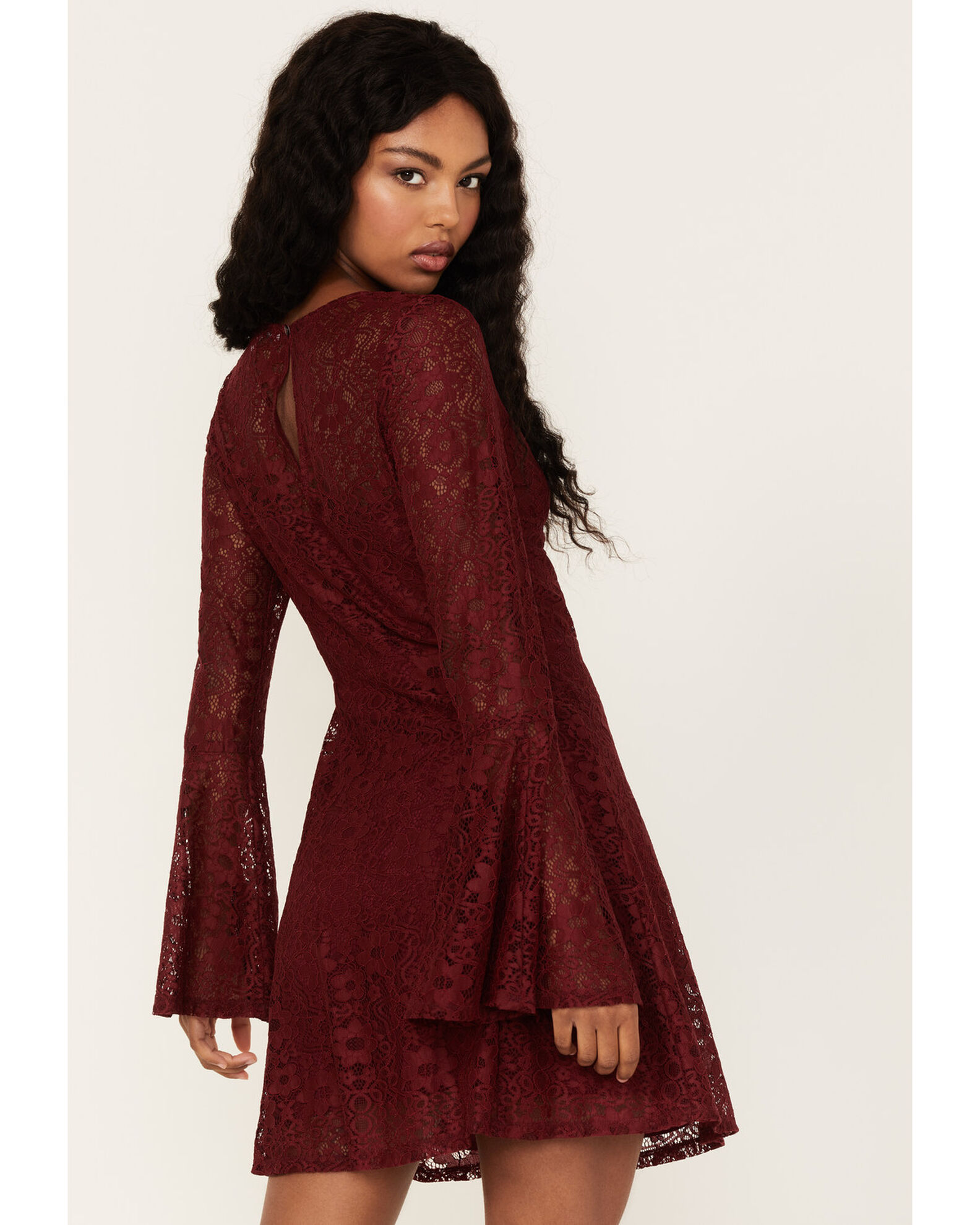 Image #2 - Beyond The Radar Women's Lace Tie Front Dress, Wine, hi-res