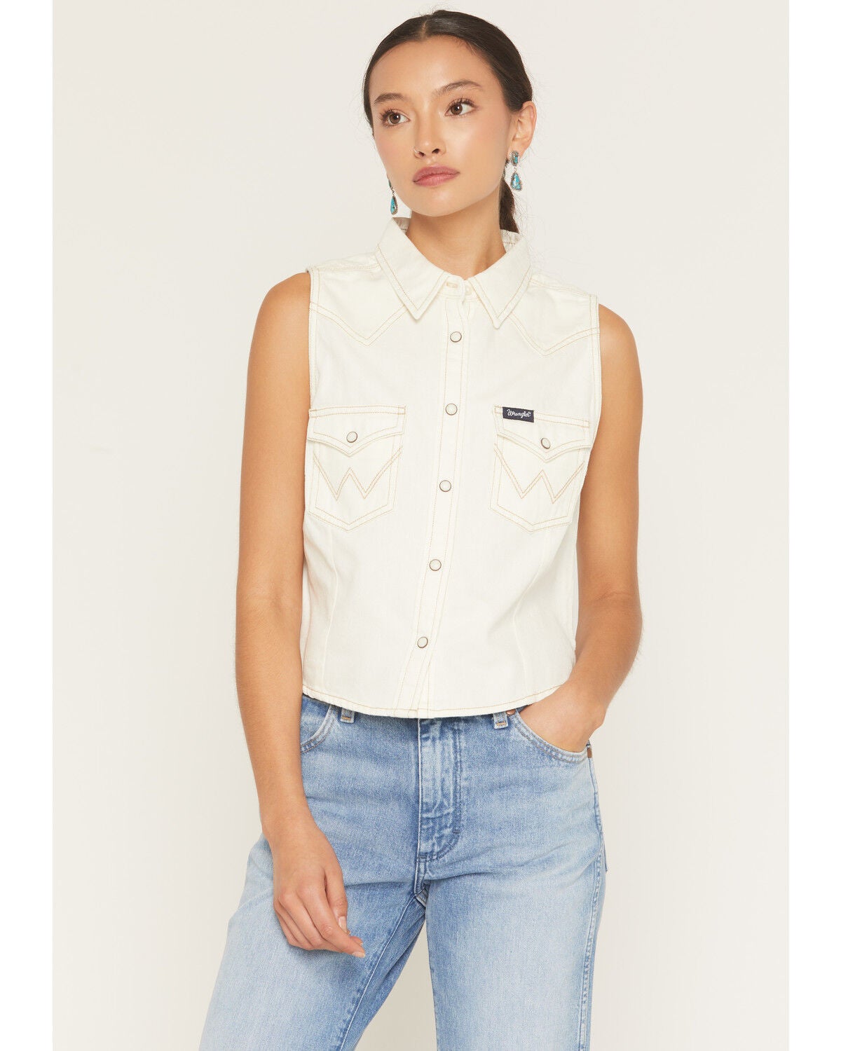 Wrangler Retro Women's Solid Denim Sleeveless Cropped Snap Western Shirt, White, hi-res