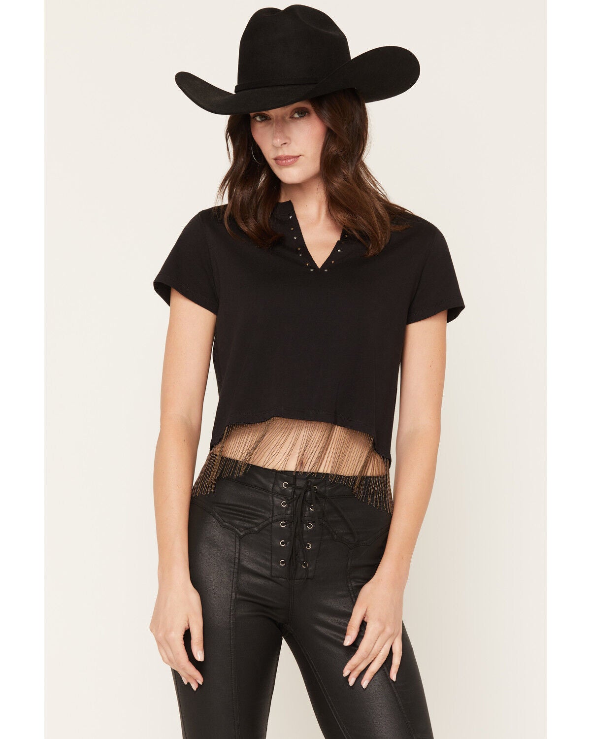 Image #1 - Idyllwind Women's Short Sleeve Fringe Top, Black, hi-res