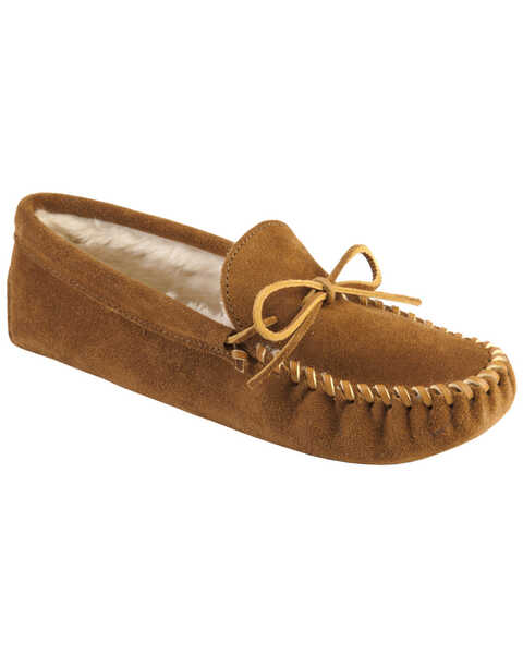 Image #1 - Men's Minnetonka Traditional Pile Line Softsole Moccasins, Brown, hi-res