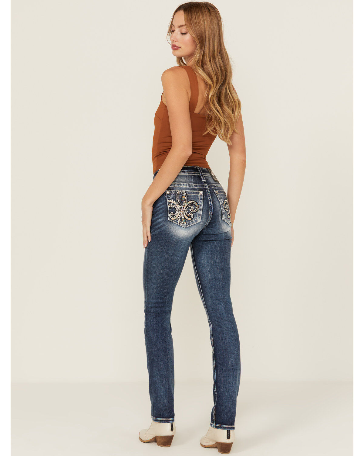 Image #1 - Miss Me Women's Dark Wash Mid Rise Embroidered Fleur De Lis Stretch Denim Jeans, , hi-res