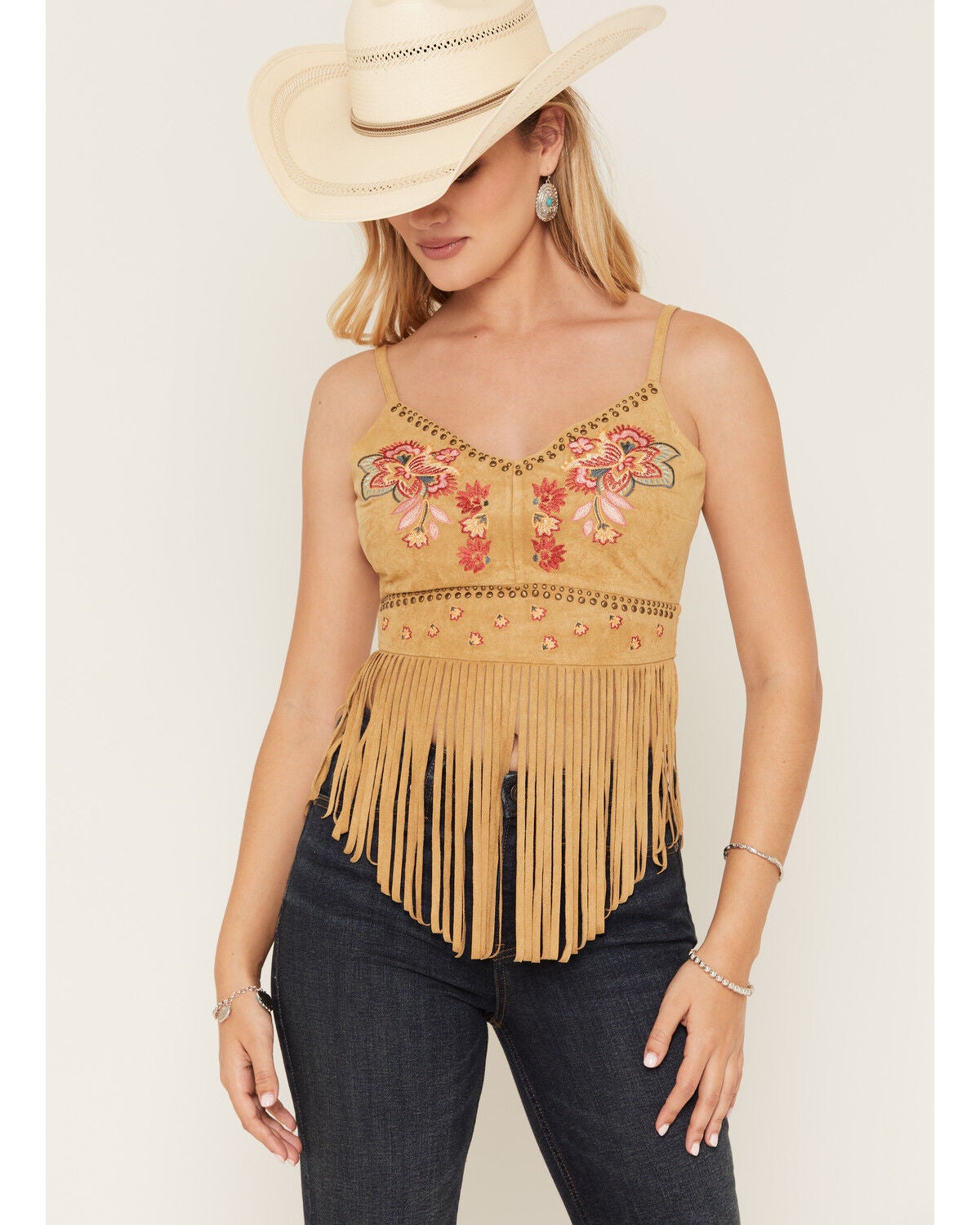 Shyanne Women's Rialto Embroidered Fringe Sleeveless Tank Top, Wheat, hi-res