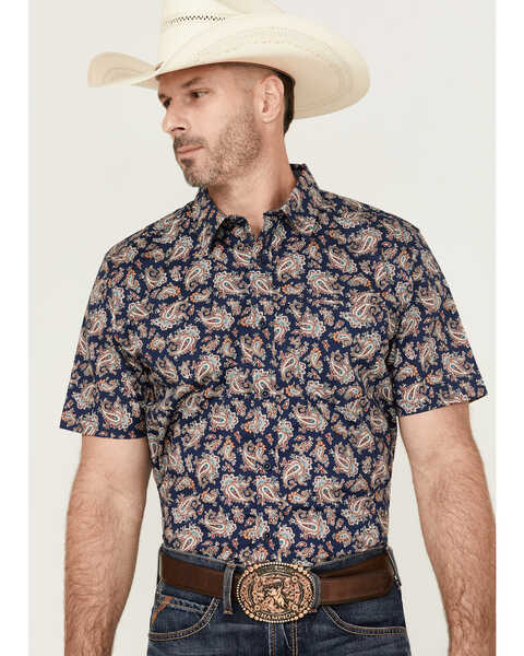 Cody James Men's Grand Finale Paisley Print Short Sleeve Button-Down Stretch Western Shirt  - Tall, Navy, hi-res