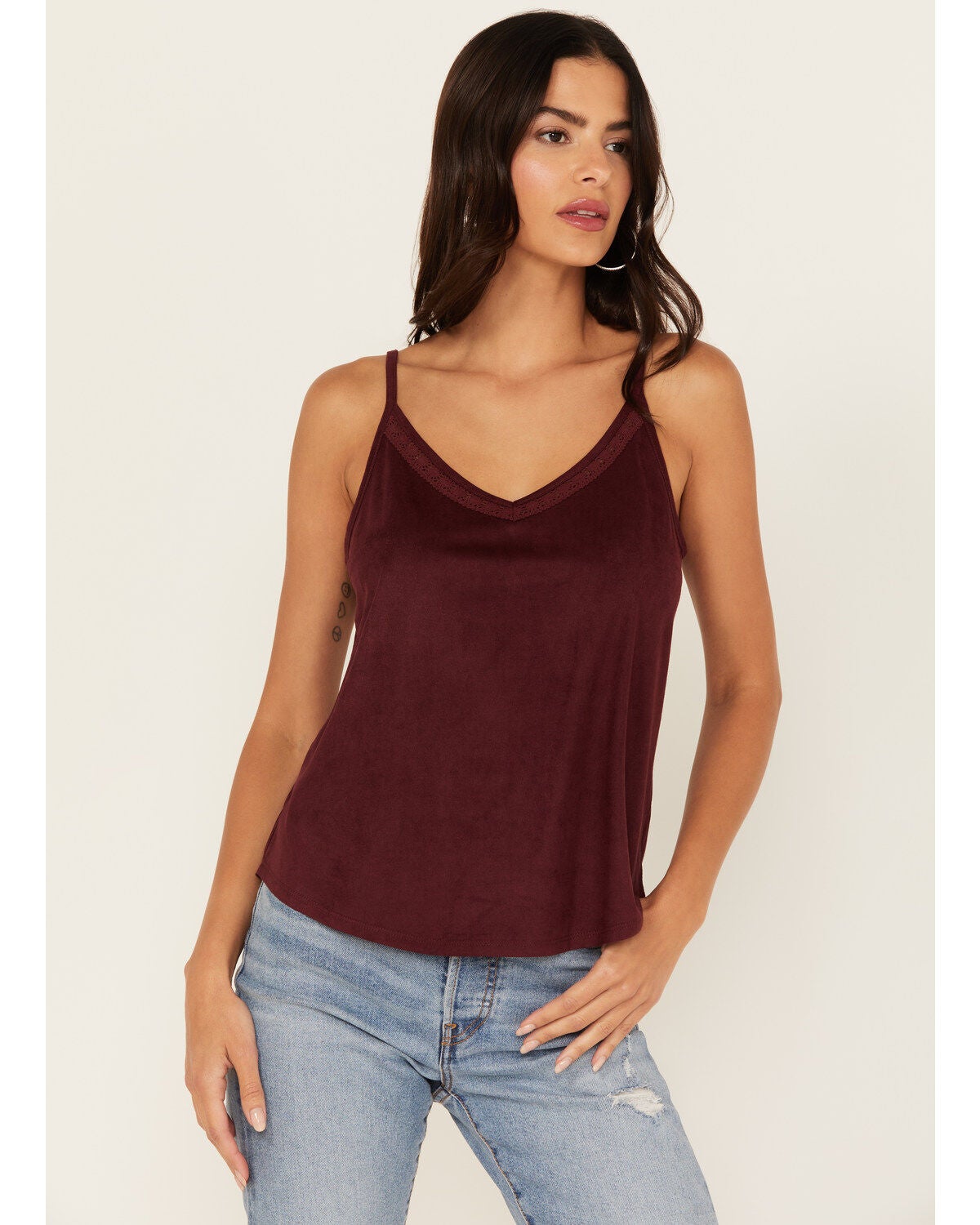 Shyanne Women's Crochet Lace Faux Suede Cami Top, Maroon, hi-res