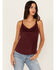 Shyanne Women's Crochet Lace Faux Suede Cami Top, Maroon, hi-res