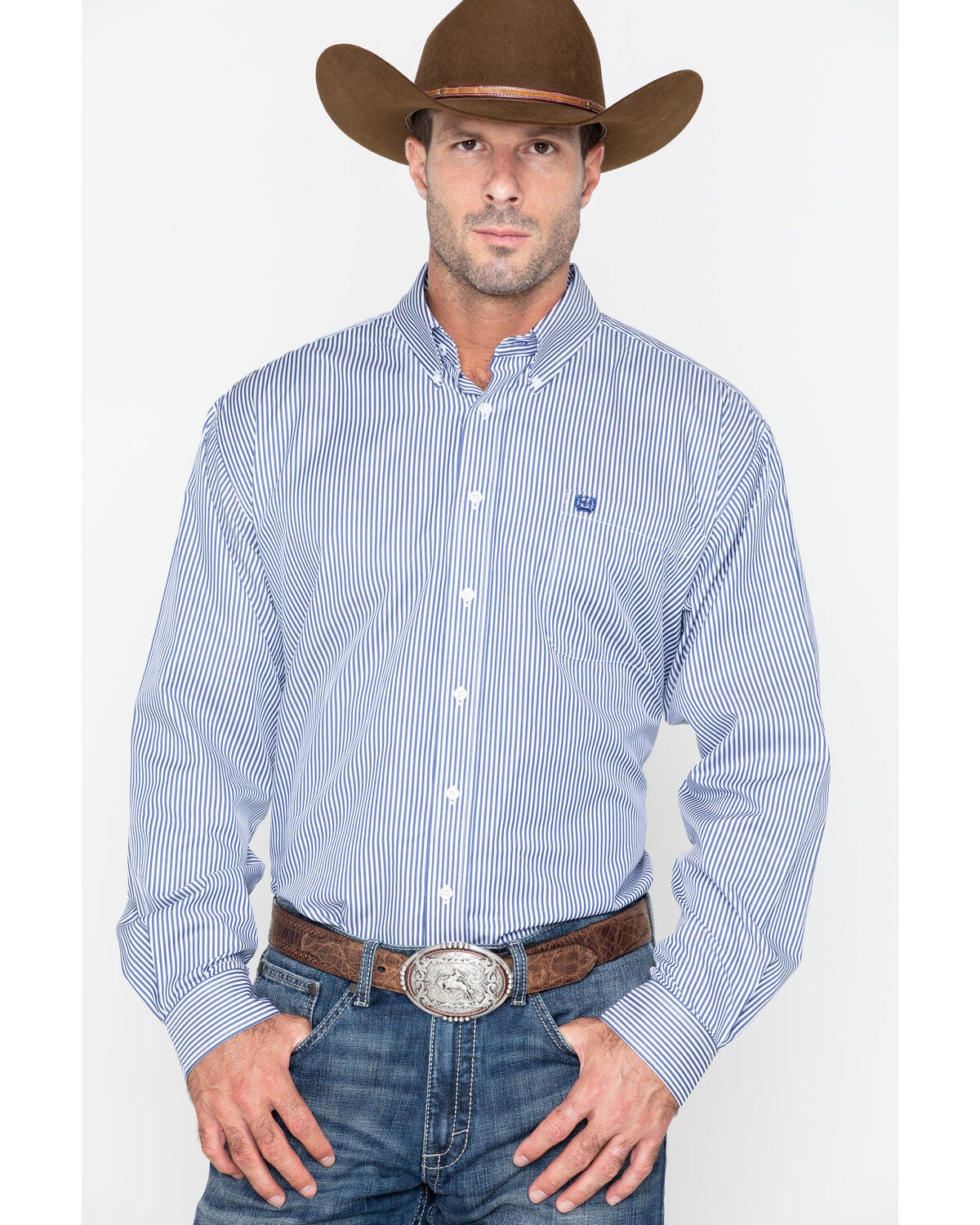 Cinch Men's Striped Print Tencel Long Sleeve Button-Down Western Shirt - Big & Tall, Royal Blue, hi-res