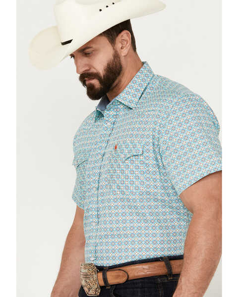 Image #2 - Rodeo Clothing Men's Boot Barn Exclusive Medallion Print Short Sleeve Pearl Snap Western Shirt, Teal, hi-res