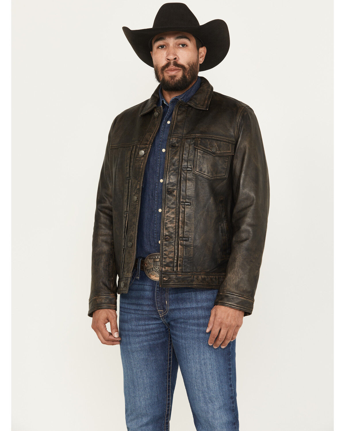 Scully Men's Distressed Leather Trucker Jacket, Black, hi-res