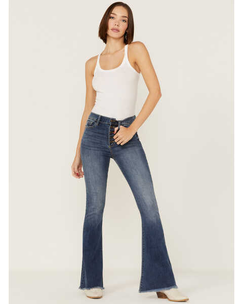 Sneak Peek Women's High Rise Exposed Button Flare Jeans | Boot Barn