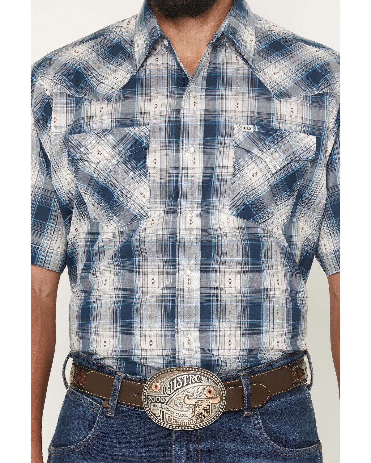 Image #3 - Ely Walker Men's Plaid Print Short Sleeve Pearl Snap Western Shirt, Navy, hi-res