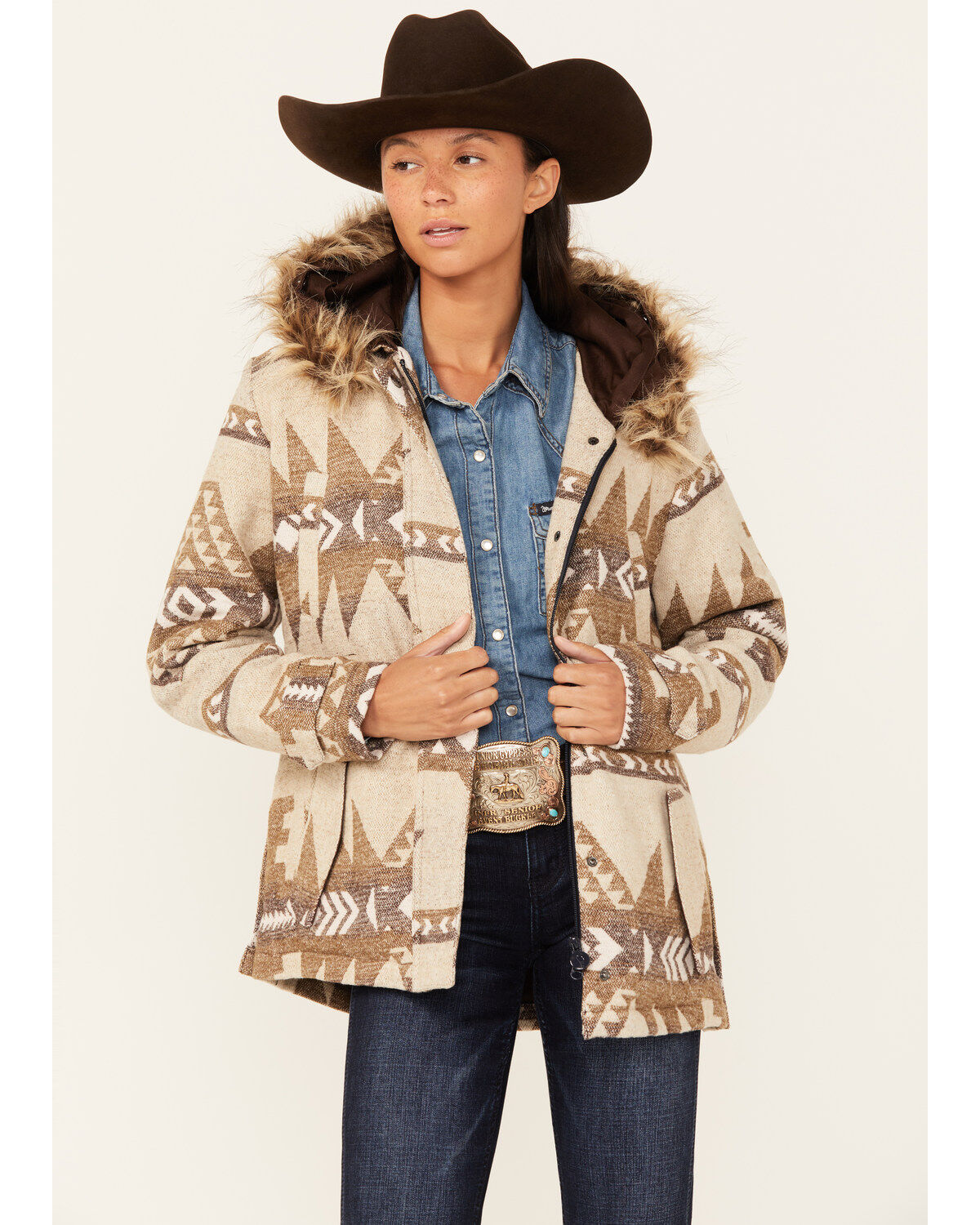 Image #1 - Outback Trading Co Women's Boot Barn Exclusive Southwestern Print Fur Trim Myra Jacket, Brown, hi-res