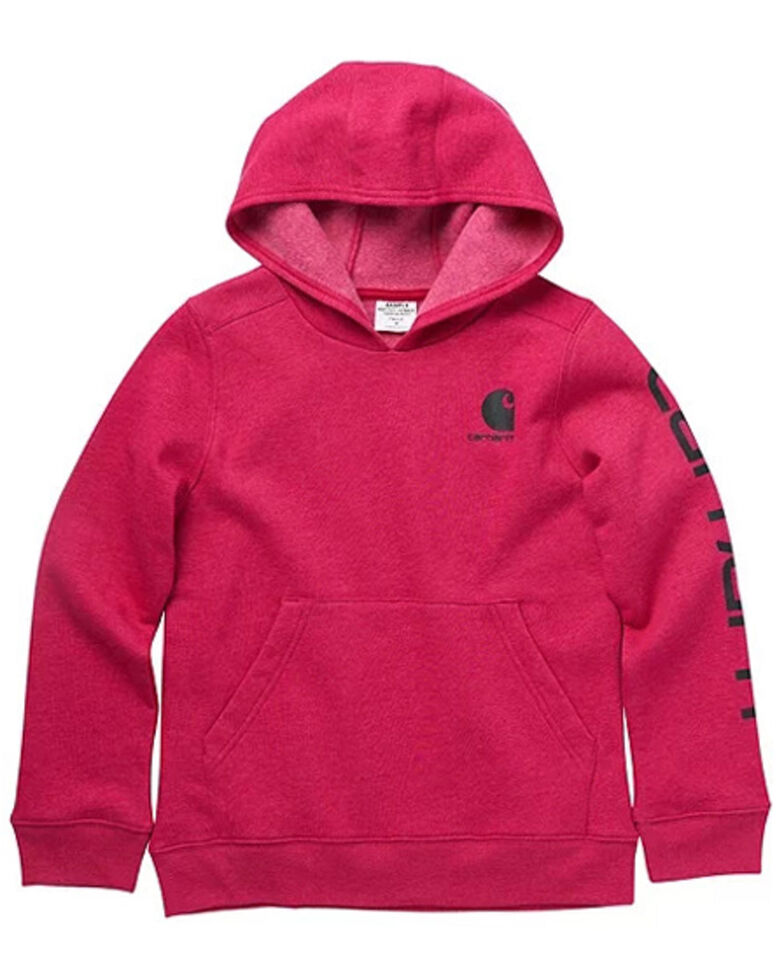 Carhartt Girls' (4-6X) Red Fleece Logo Sleeve Graphic Pullover Hoodie , Red, hi-res