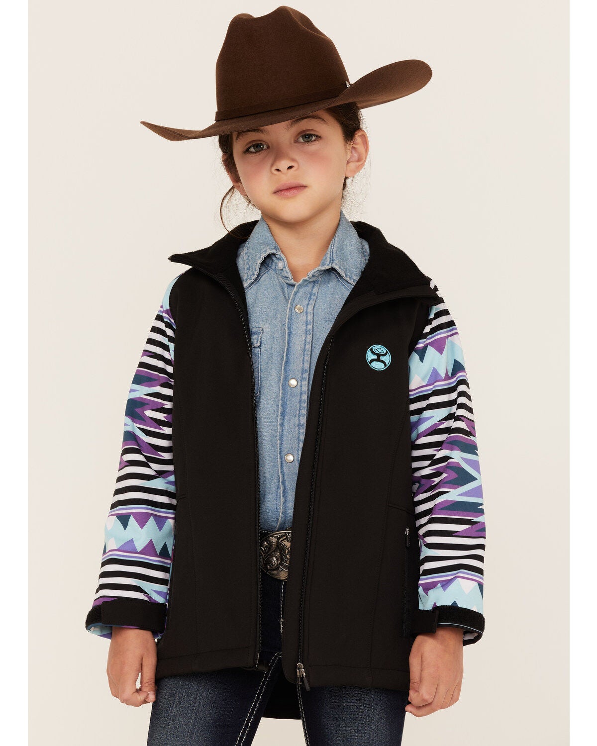 Hooey Girls' Southwestern Print Sleeve Zip-Front Softshell Jacket, Black, hi-res