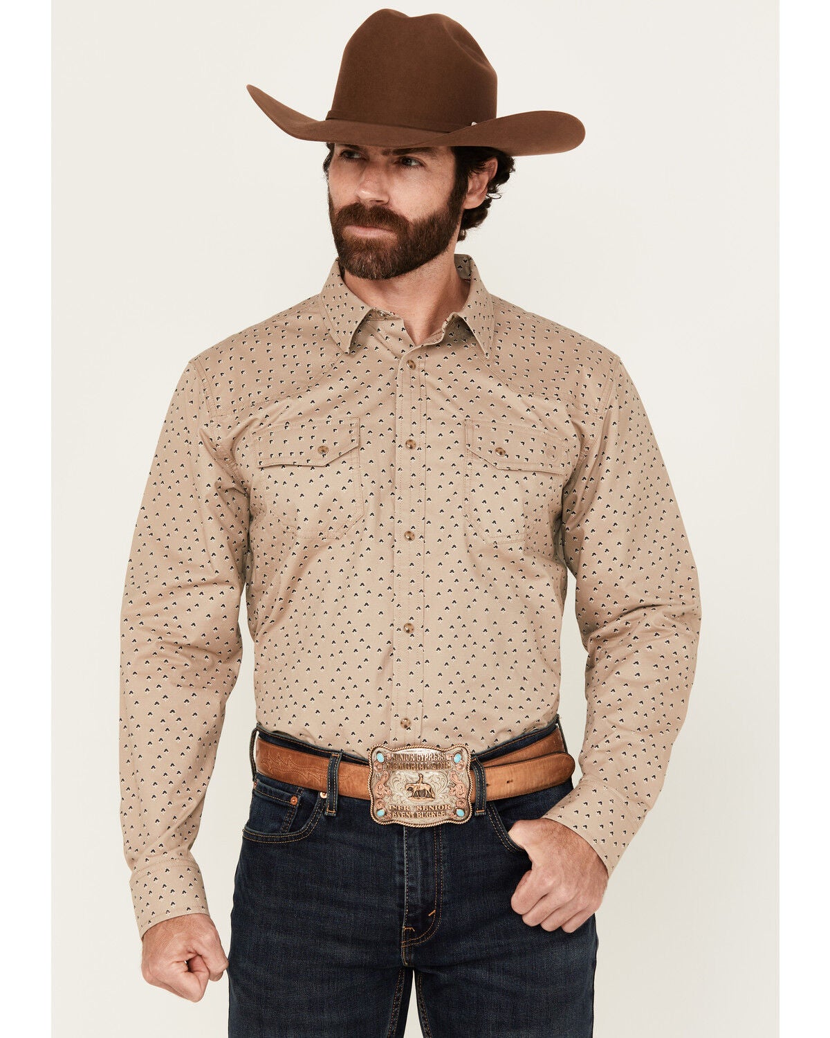 Blue Ranchwear Men's Harrison Geo Print Long Sleeve Snap Western Shirt, Wheat, hi-res