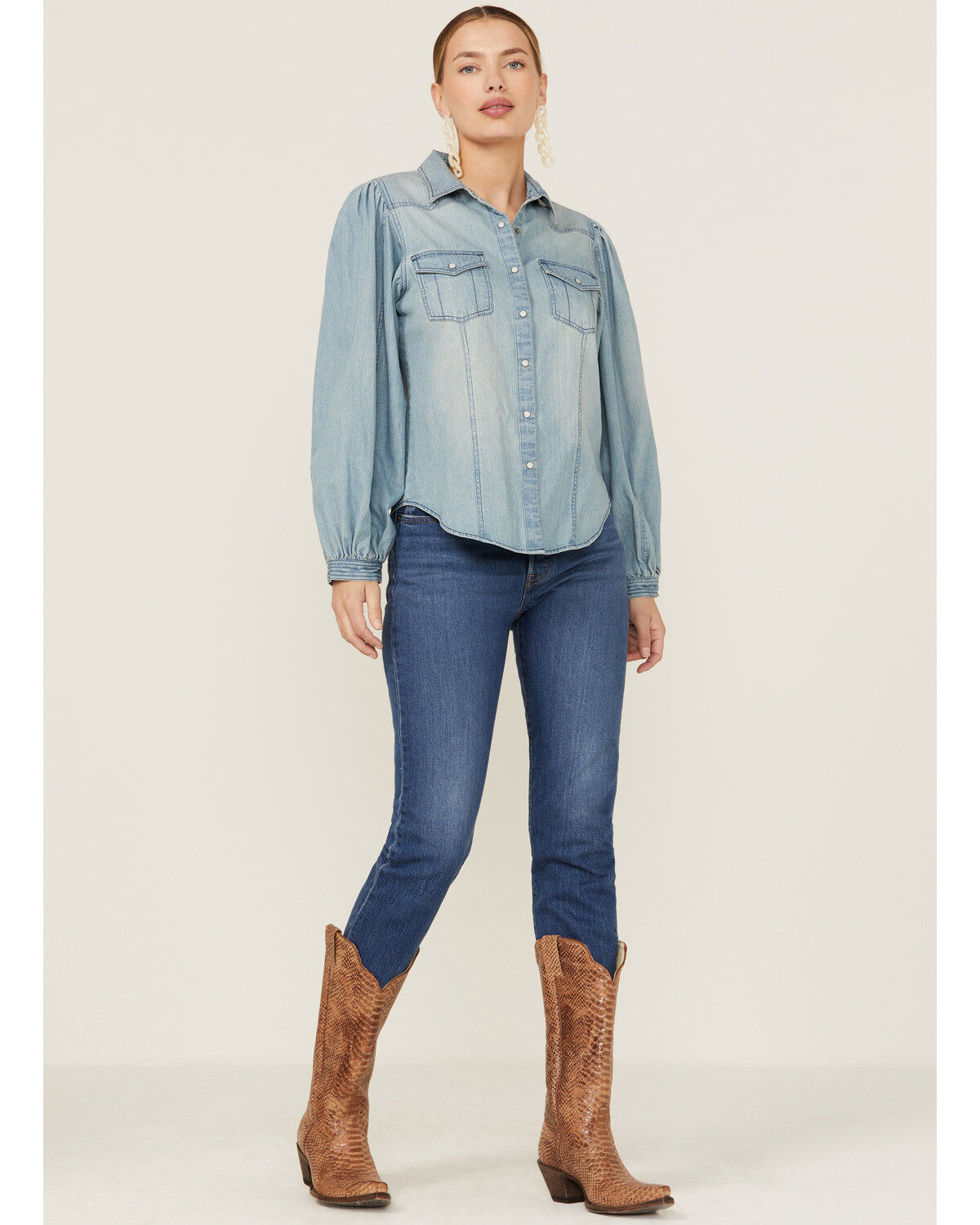 Image #4 - Panhandle Women's Denim Dolman Sleeve Snap Shirt, Blue, hi-res